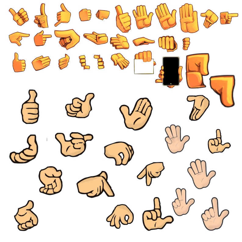 May include: A collection of cartoon-style hand illustrations in various poses, including thumbs up, pointing, open palms, fists, and gestures holding a blank white rectangular sign or a black smartphone, rendered in shades of orange and light tan.