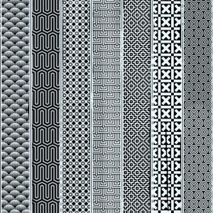 May include: A collection of ten vertical patterns in black and white. The patterns include geometric shapes like scallops, zigzags, diamonds, and circles. The designs are symmetrical and repeat along the length of each strip.