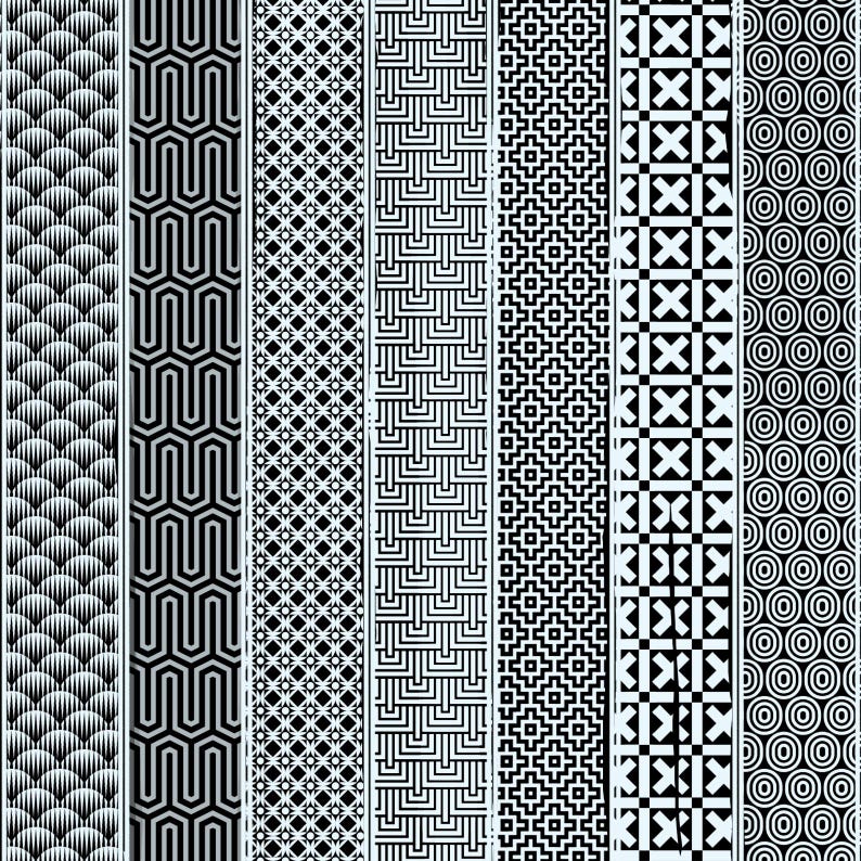 May include: A collection of ten vertical patterns in black and white. The patterns include geometric shapes like scallops, zigzags, diamonds, and circles. The designs are symmetrical and repeat along the length of each strip.