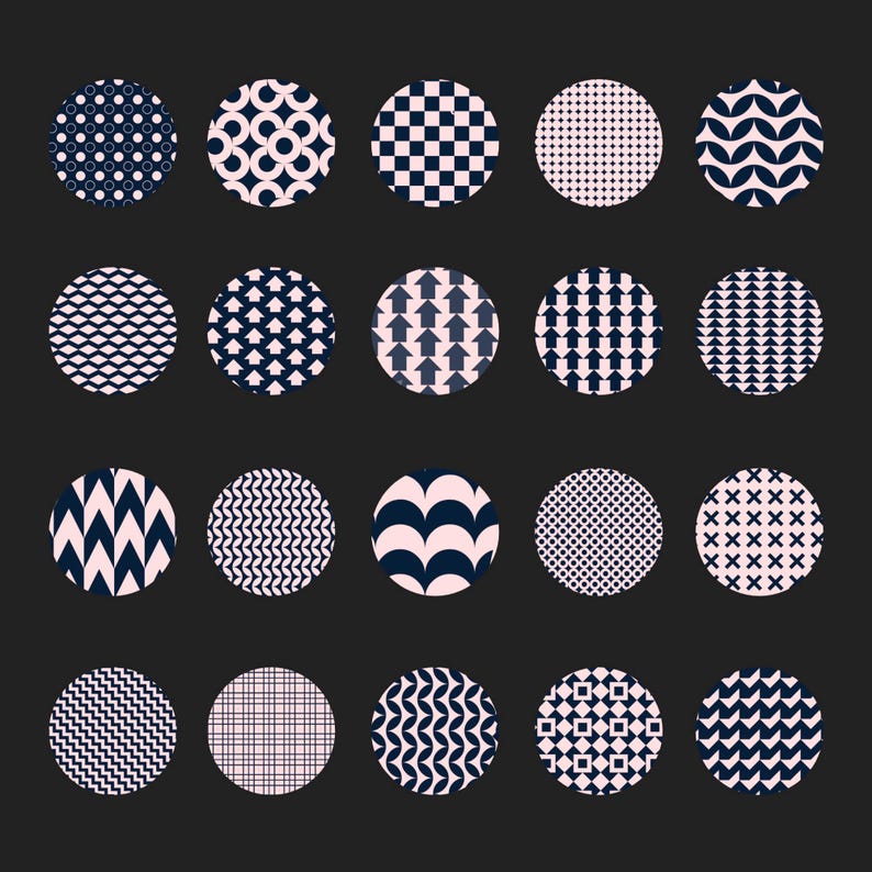 May include: A collection of twenty circular designs with various patterns. The patterns include dots, interlocking shapes, checkerboards, arrows, chevrons, and other geometric designs. The color scheme is primarily navy blue and white, set against a dark background.