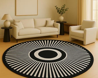 Zwart-wit rond wollen vloerkleed | Handgetuft modern tapijt | Woonkamerinrichting