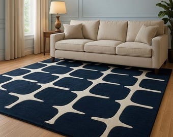 Alfombra geométrica moderna azul marino y marfil / Alfombra de lana tejida a mano / Alfombra para sala de estar / Alfombra suave y gruesa / Tamaños personalizados