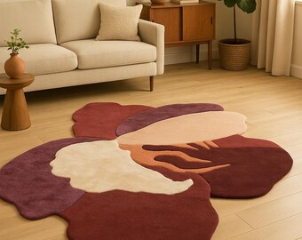 Flower Shape Hand Tufted Wool Rug – Abstract Floral Carpet in Maroon & Blush Tones | Artistic Handmade Area Rug for Modern Home Decor