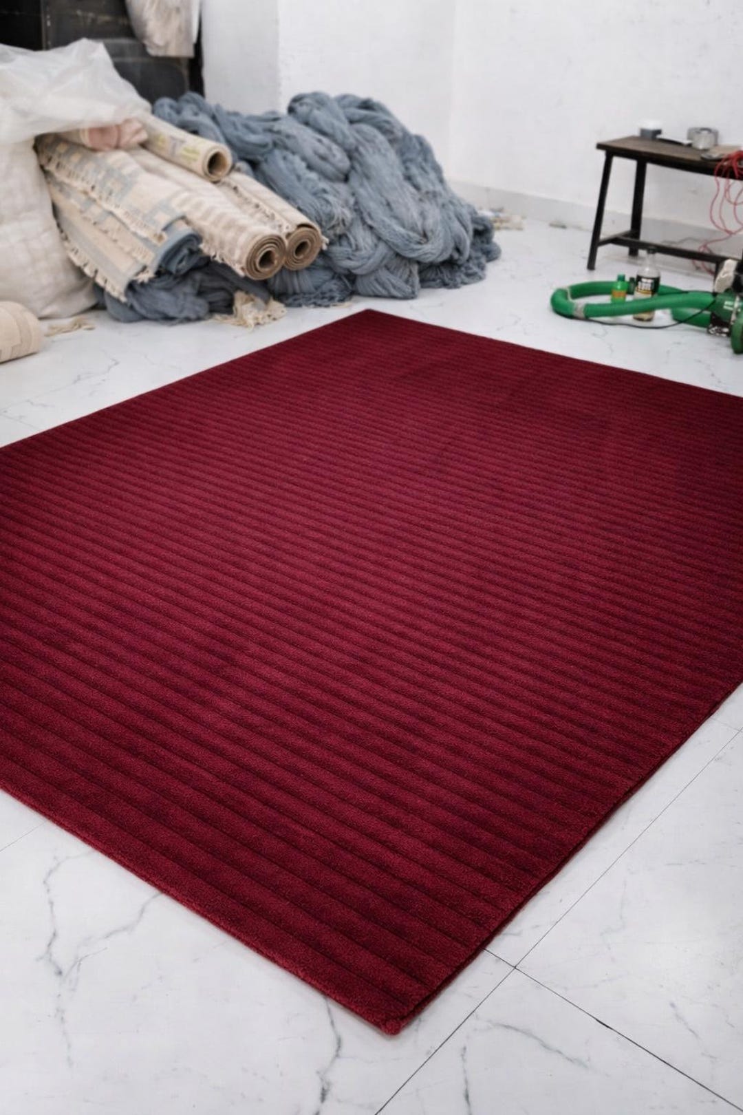 Performance Ribbed Rug Nordic Knots Dupe Wine Red Ribbed Rug | Loop Cut High Low Pile Hand ...