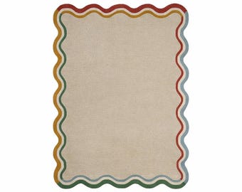 Nordic Knots Rug Dupe Beige Wavy Border Rug – Multicolor Curvy Edges – Hand Tufted New Zealand Wool Premium Quality