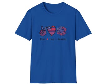 USA:s självständighetsdag unisex mjuk t-shirt, fjärde juli-t-shirt, amerikansk flaggfest-tröja, patriotiska kläder, röd vit och blå