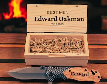 Groomsmen Pocket Knife with Wooden Box – Personalized Gift for Him - Dad - Father in Law
