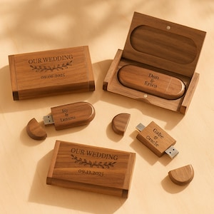 Puede incluir: Unidades flash USB de madera y cajas a juego. Las cajas están grabadas con "OUR WEDDING" y una fecha. Las unidades USB están grabadas con nombres. La madera tiene un tono cálido y natural.