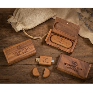 Engraved Wooden Dual USB C&A  Flash Drive with Box: Personalized Wedding Photographer Gift