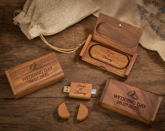 Personalisiertes Dual USB C & A Holzstick mit Box: Personalisiertes Geschenk für Hochzeitsfotografen
