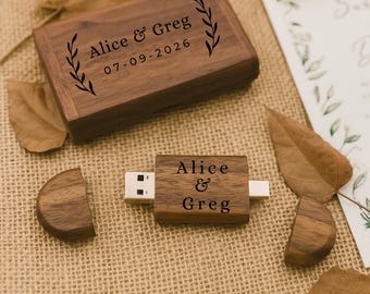 Personalisiertes Dual USB C & A Holzstick mit Box: Personalisiertes Geschenk für Hochzeitsfotografen