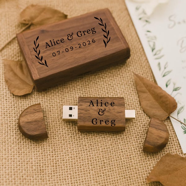 Engraved Wooden Dual USB C&A  Flash Drive with Box: Personalized Wedding Photographer Gift