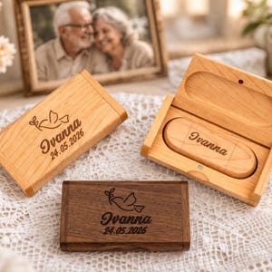 Personalized Wooden USB Flash Drive & Box – Engraved Keepsake Gift, Dual Connector Memory Stick