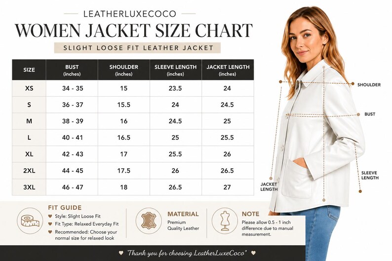 May include: A white leather jacket size chart with bust, shoulder, sleeve, and jacket length measurements in inches. The chart includes sizes XS to 3XL. A woman models the jacket, and the text "LeatherLuxeCoco" is at the top.