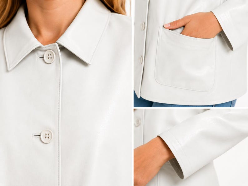 May include: A white jacket with a collar and button closure. The jacket has a pocket on the front and long sleeves. The jacket is made of a smooth material. The jacket is a light cream color.