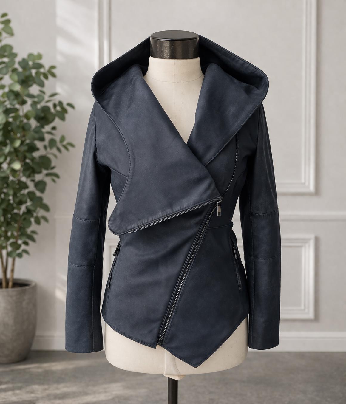 Women's Navy Blue Sheep Leather Asymmetrical Hooded Leather Jacket