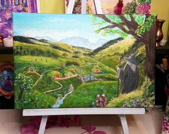 Dipinto acrilico originale raffigurante Gandalf della Contea, 30 x 20 cm (11,8 x 7,8") – Dipinto su tela dipinto a mano, paesaggio del Signore degli Anelli – Opera d'arte di Tolkien, pezzo unico