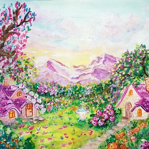 Fairytopia Inspired Village Art Print - Watercolor Fairy Core Landscape - Pixie Village Decor