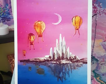 Stampa artistica del Palazzo della Luna Magica - Dipinto del Castello di Cristallo - Decorazione murale in stile anime rosa pastello - Poster nostalgico