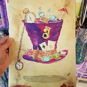 Lámina vintage pintada a mano de Alicia en el País de las Maravillas - Imagen del Sombrerero Loco - Decoración de pared del País de las Maravillas
