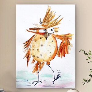 May include: A watercolor illustration of a bird with spiky orange feathers, a round spotted body, and large white eyes with black pupils. The bird has thin black legs and is positioned on a light, abstract wash of green and pink paint on paper.