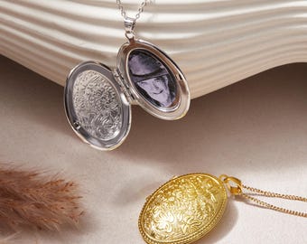 Personalized Oval Floral Engraved Photo Locket Necklace, Custom Picture Pendant Necklaces, Vintage Keepsake Gift for Her