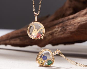Initial BirthStones Locket Necklace, Family Floating Necklace, Gift for Mom Gradama