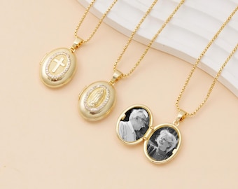Colar com pingente personalizado em forma de cruz e foto, lembrança memorial, pingente dourado da Virgem Maria, joia religiosa para presente.