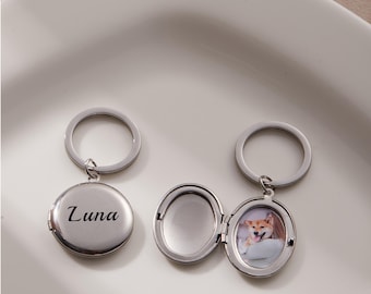 Custom Engraved Locket Keychain with Photo, Personalized Round or Oval Silver Photo Locket Keychain, Gift for Him, Dad, Husband