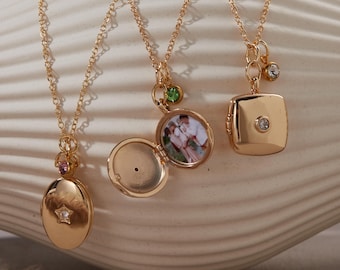 Personalized Photo Locket Necklace, Custom Picture Pendant with Birthstone, Gold Memory Gift for Mom, Wife, or Grandma