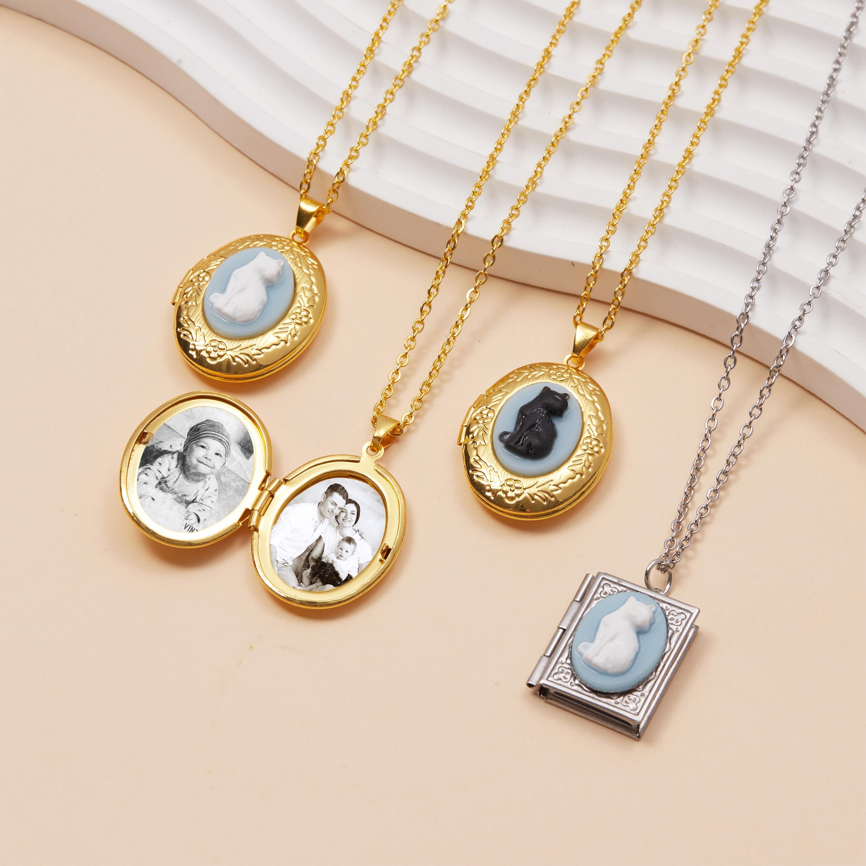 Custom Cat Cameo Locket Necklace, Personalized 2 Photo Locket, Vintage Oval Book Pendant, Pet Memorial Jewelry, Gift for Cat Lover Mom