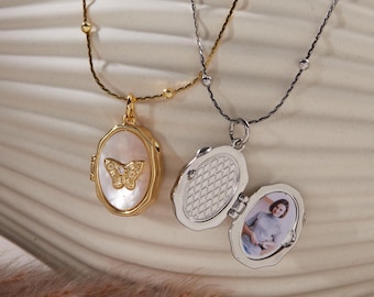 Butterfly Photo Locket Necklace, Personalized Oval Picture Pendant, Custom Memorial Keepsake Jewelry Gift for Sister Women