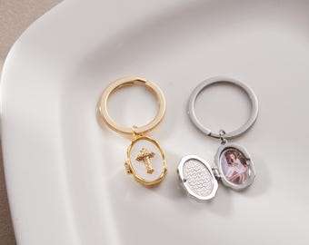 Personalized Cross Locket Keychain, Cute Photo Memorial Keyring, Custom Picture Keepsake, Religious Gift for Her