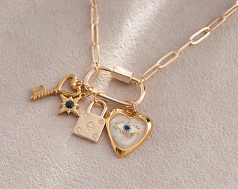 14K Custom Gold Charm Necklace, Personalized Changetable Carabiner Necklaces, Unique Gift for Her, Birthday Jewelry, Bridesmaid Gift