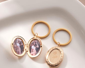 Llavero personalizado con foto y flor de nacimiento, medallón dorado grabado a medida, regalo de recuerdo para mamá o abuela.