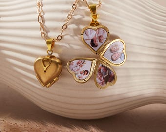 Personalized Multi Photo Locket Necklace, Four Leaf Photo Pendant, Custom Family Picture Necklace, Memory Gift for Mom or Grandma