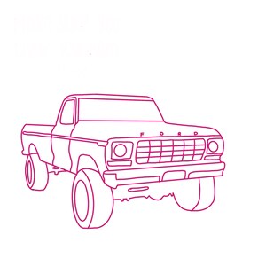 Puede incluir: Un dibujo lineal magenta de una camioneta Ford vintage. La camioneta tiene neumáticos grandes, una parrilla rectangular con el logotipo de Ford y un diseño de cabina clásico. La imagen está sobre un fondo blanco.