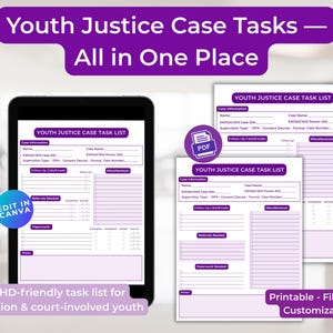 Lista de tareas de justicia juvenil / Planificador de casos de trabajo social (PDF rellenable y Canva)