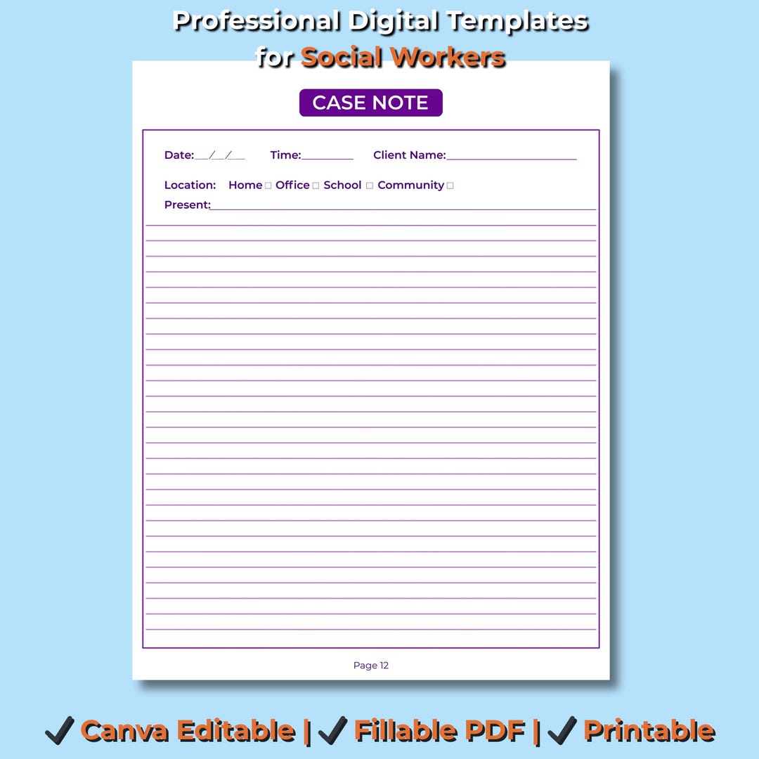 Case Note Template | Social Worker Form (fillable PDF + Canva) - Etsy