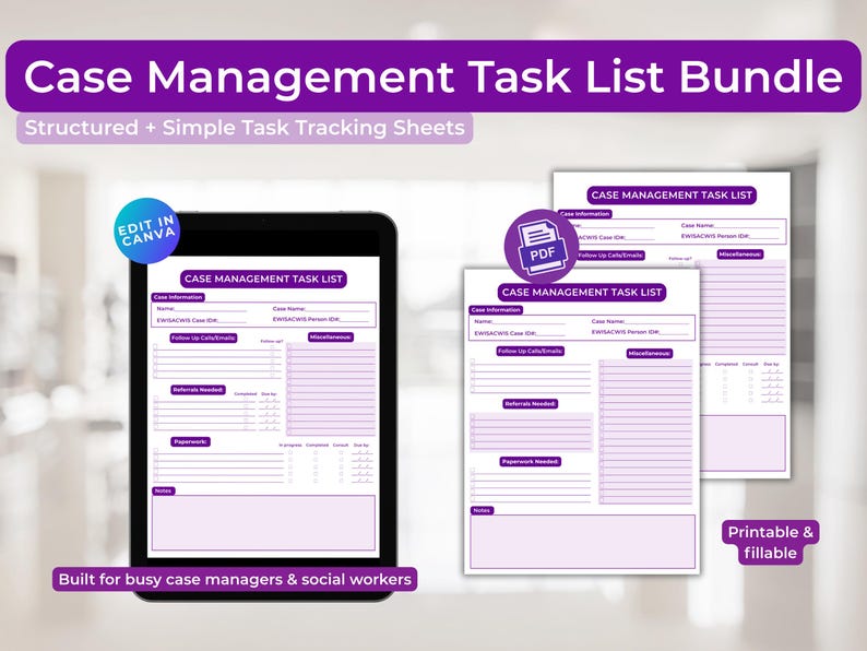 Case Management Task List Bundle | Social Work Planner (fillable PDF ...