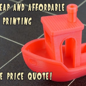 Puede incluir: Un barco de juguete rojo impreso en 3D con cabina y chimenea. La imagen incluye el texto "CHEAP AND AFFORDABLE 3D PRINTING" y "FREE PRICE QUOTE!"