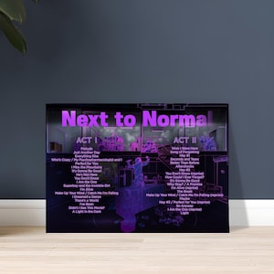 May include: A poster for the musical "Next to Normal" with a neon purple design. The title is at the top, with the acts and song titles listed below. The image features a stage design with a person on stage.