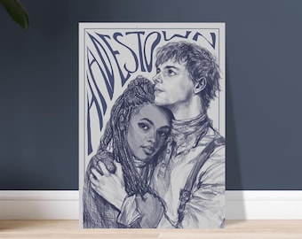 May include: A framed art print featuring a pencil sketch of two people embracing. The artwork is in shades of blue and gray, with the word "HADESTOWN" in stylized lettering at the top. The couple is depicted in a tender embrace, with the woman's head resting on the man's shoulder.