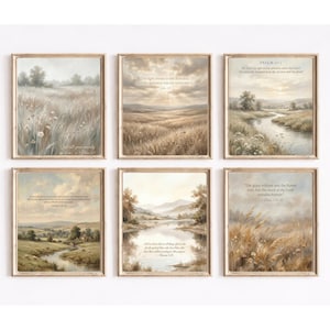 May include: Six framed landscape art prints with a vintage aesthetic. Each print features a serene outdoor scene with fields, water, and trees, in muted tones of beige, brown, and grey. Each print includes a quote.