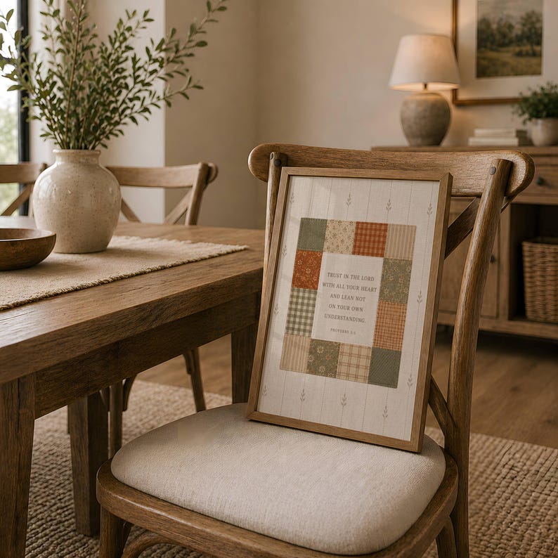 May include: A framed wall art print featuring a central patchwork quilt design in muted tones of green, orange, and cream. The center contains the text: Trust in the Lord with all your heart and lean not on your own understanding. Proverbs 3:5.
