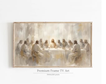 Könnte beinhalten: Ein gerahmter Druck eines religiösen Gemäldes, das das letzte Abendmahl darstellt. Das Kunstwerk zeigt eine zentrale Figur, die von zwölf anderen an einem Tisch umgeben ist. Die Farbpalette ist weich, mit Beige- und hellbraunen Tönen. Der Text "Premium Frame TV Art" steht unten.