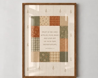 Spreuken 3:5 Patchwork Quilt Bijbeltekst Print, Vintage Boerderij Christelijke Muurdecoratie (Digitale Download)