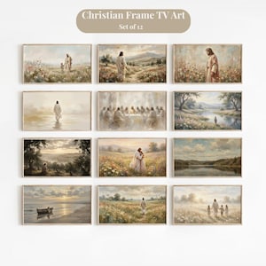 Puede incluir: Conjunto de 12 impresiones artísticas cristianas enmarcadas. Cada impresión presenta un paisaje sereno con figuras religiosas. El arte tiene una paleta de colores suaves y apagados con una estética vintage. El texto "Christian Frame TV Art" está en la parte superior.
