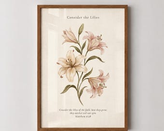Overweeg de print met het Bijbelvers over lelies, neutrale botanische muurdecoratie (digitale download).