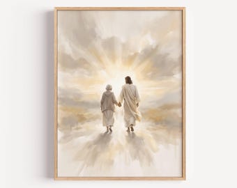 Jesús da la bienvenida a un ser querido al cielo, arte cristiano de condolencias (descarga digital)